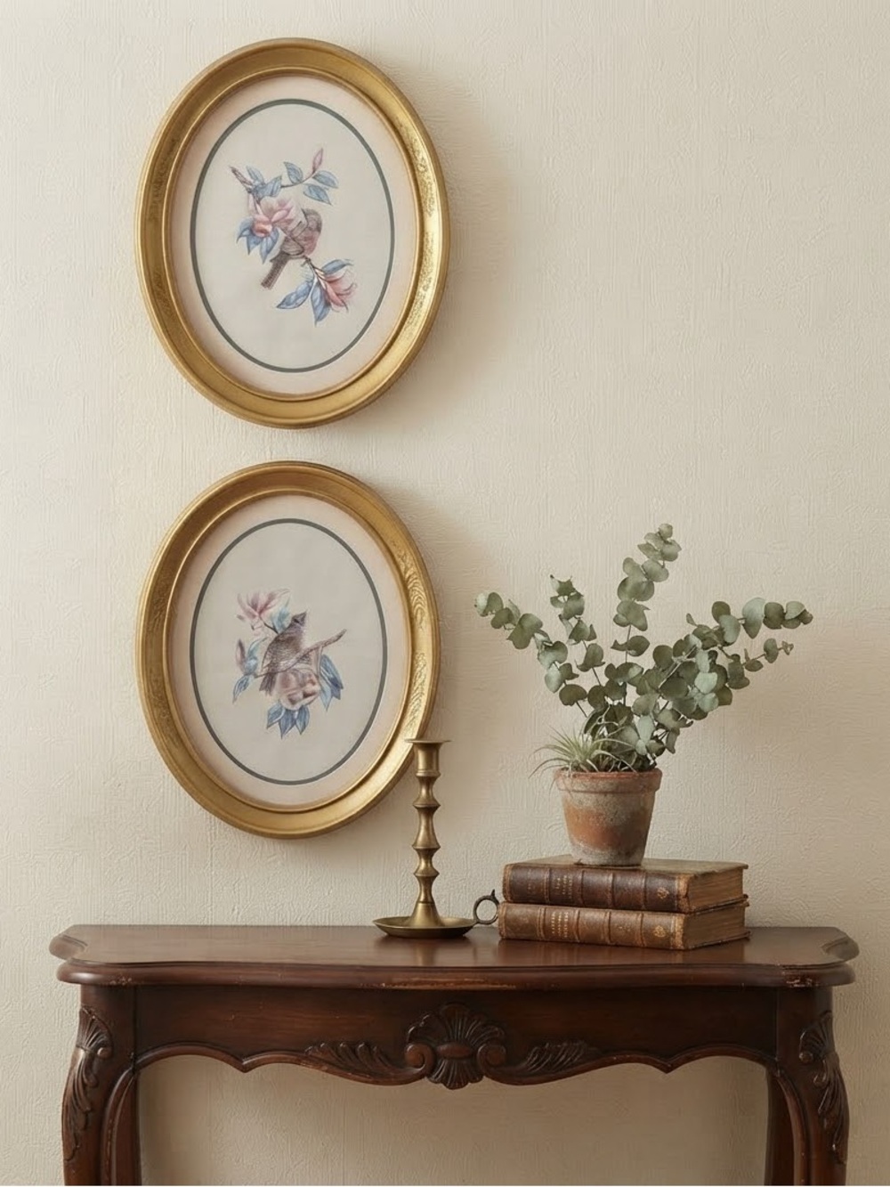 Gold Oval Bird Print Wall Plaques — Pink & Blue Floral Art